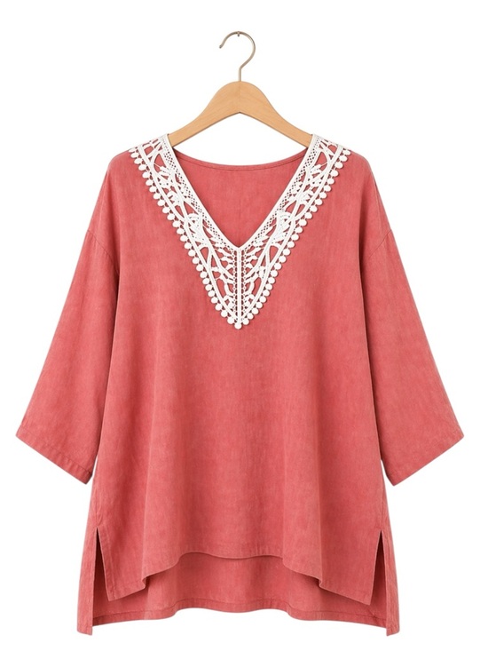 Premise Tops - Womens‎ Lagenlook Linen Blend Tunic Top XL Coral Embroidered Cottage Boho Baggy